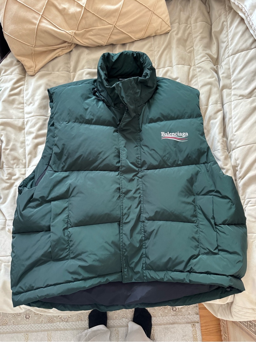 Balenciaga Dark Green Quilted Puffer Vest with Logo